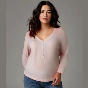 LRL Lauren Jeans Co Ralph Lauren Pink Crochet Shoulder‎ Button Henley Size XL